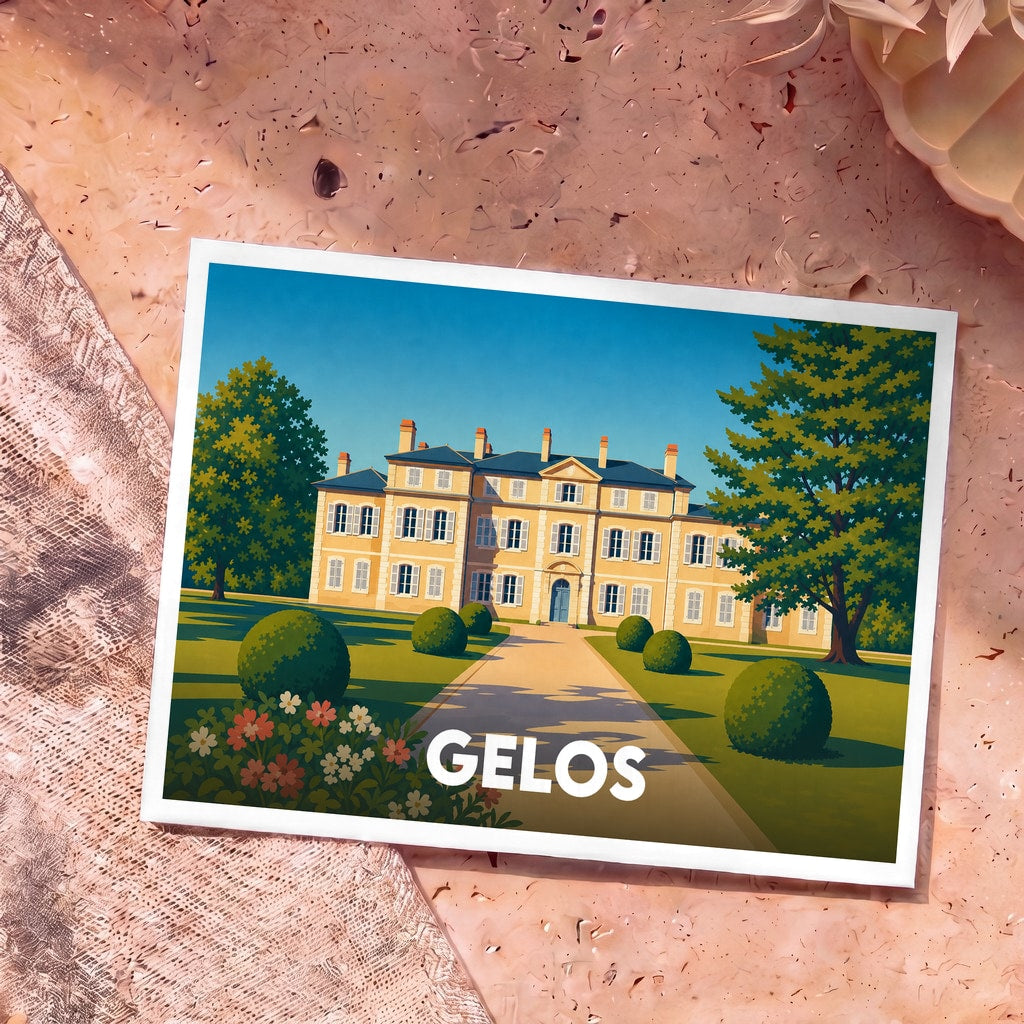 Carte postale souvenir de la ville de Gelos avec une illustration stylisée d'un château et de ses jardins.