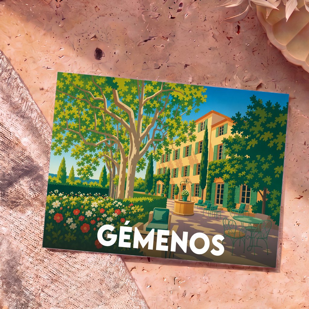Carte postale souvenir de la ville de Gémenos avec une illustration stylisée d'une bastide provençale et de ses jardins.