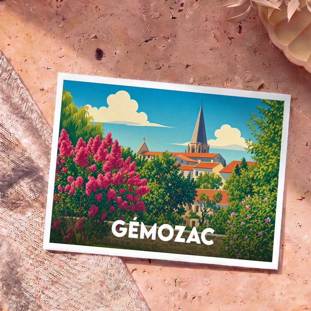 Carte postale souvenir de la ville de Gémozac avec une illustration stylisée et colorée.