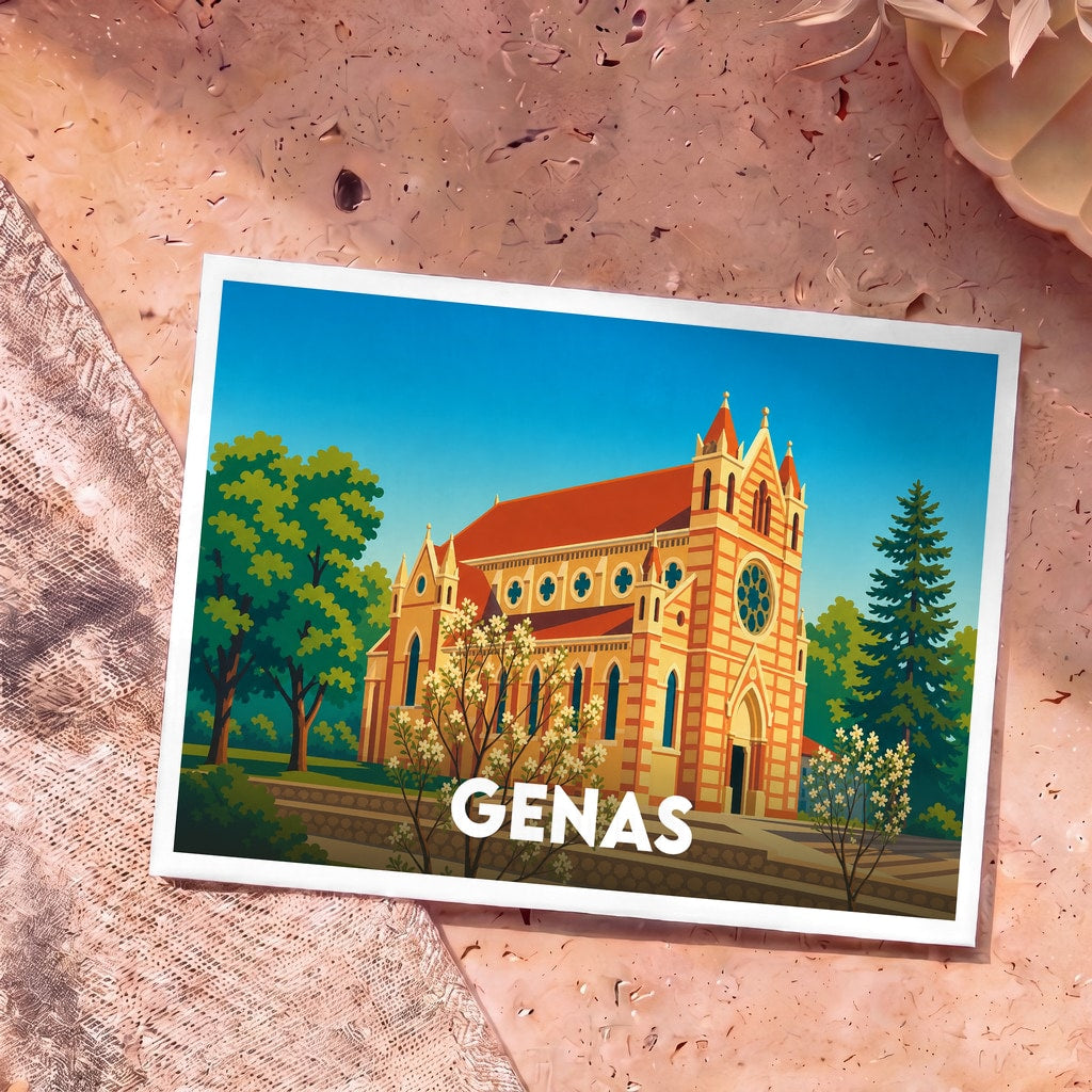 Carte postale souvenir de la ville de Genas avec une illustration stylisée de son église entourée de verdure.