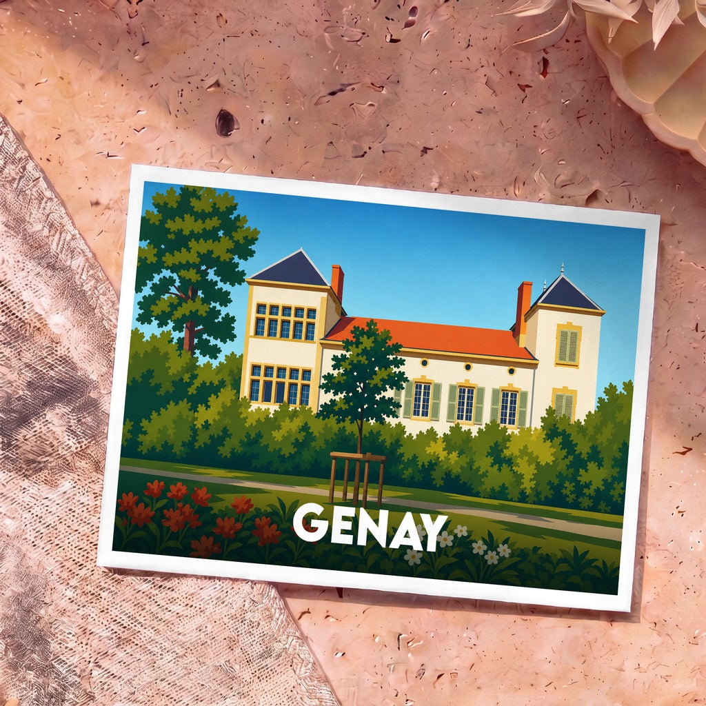 Carte postale souvenir de la ville de Genay avec une illustration stylisée d'une grande demeure bourgeoise entourée de verdure.