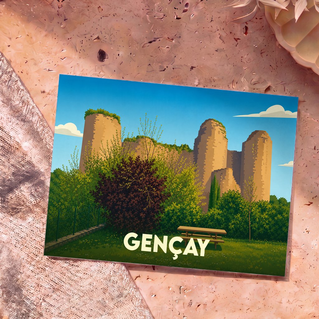 Carte postale souvenir de la ville de Gençay illustrant les ruines de son château médiéval dans un style épuré.