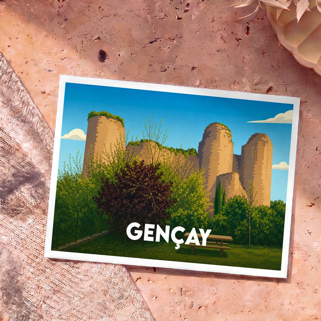 Carte postale souvenir de la ville de Gençay illustrant les ruines de son château médiéval dans un style épuré.