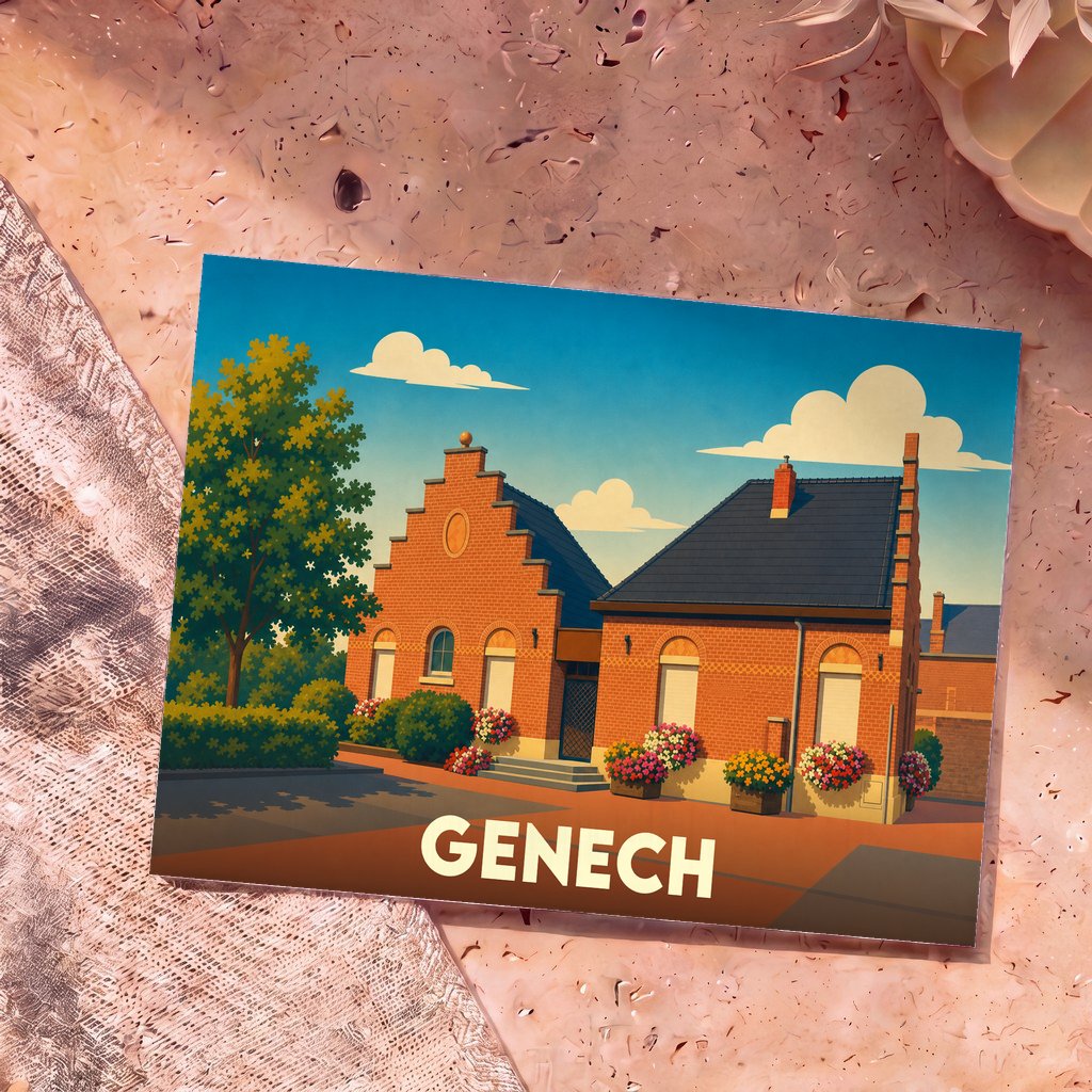 Carte postale souvenir de la ville de Genech avec une illustration stylisée de maisons flamandes en briques.