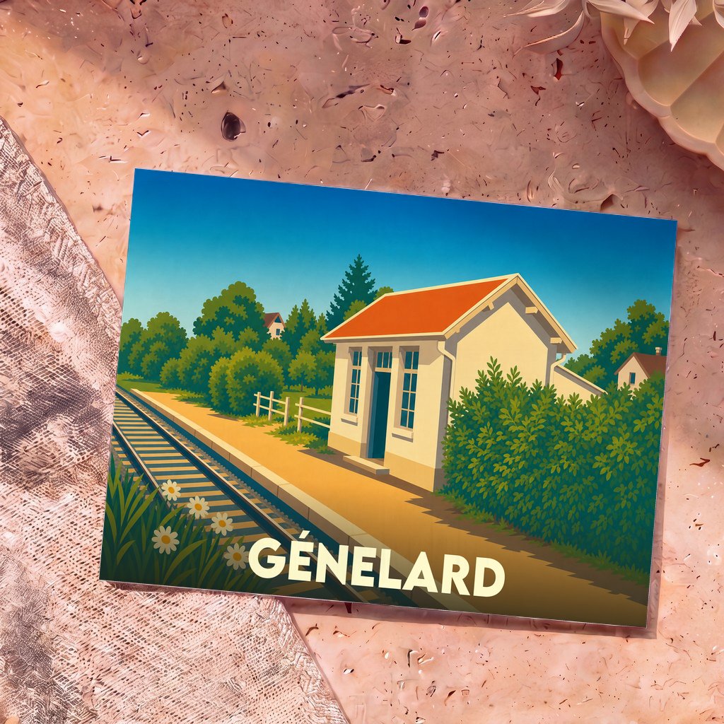 Carte postale souvenir de la ville de Génelard illustrant sa gare ferroviaire dans un style graphique épuré.
