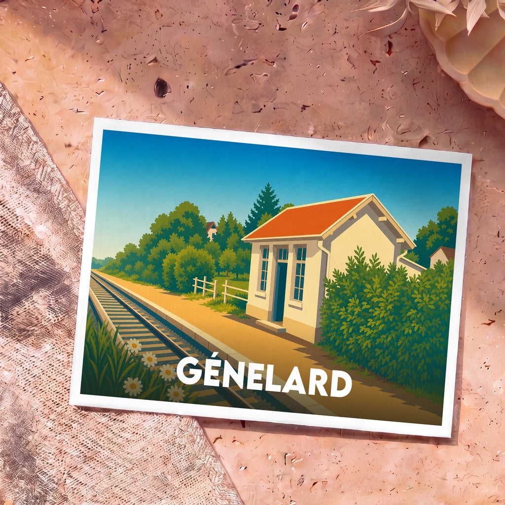 Carte postale souvenir de la ville de Génelard illustrant sa gare ferroviaire dans un style graphique épuré.