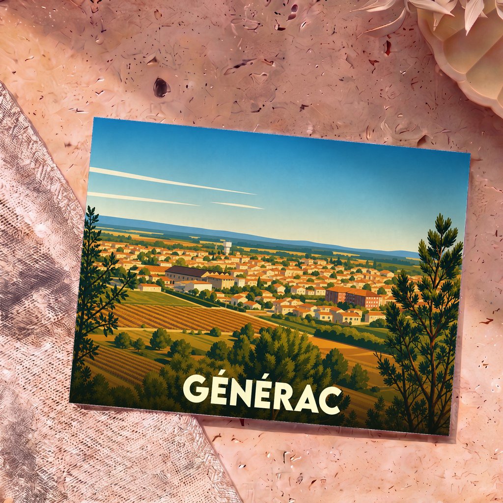 Carte postale souvenir de la ville de Générac arborant une illustration stylisée et panoramique.