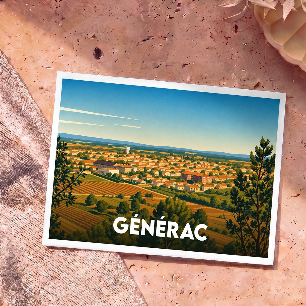 Carte postale souvenir de la ville de Générac illustrant un panorama ensoleillé de la commune et de ses vignobles.
