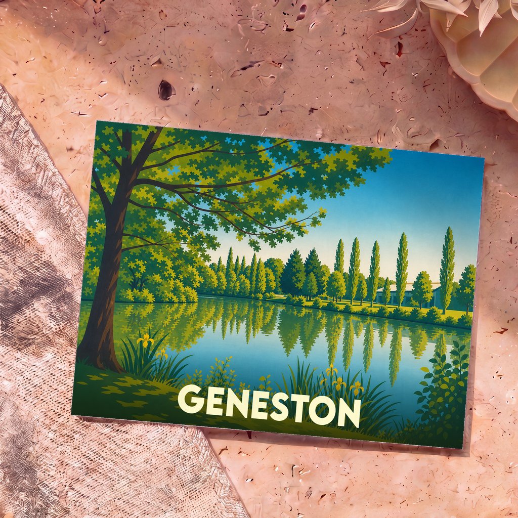 Carte postale souvenir de la ville de Geneston arborant une illustration stylisée d'un lac bordé d'arbres.