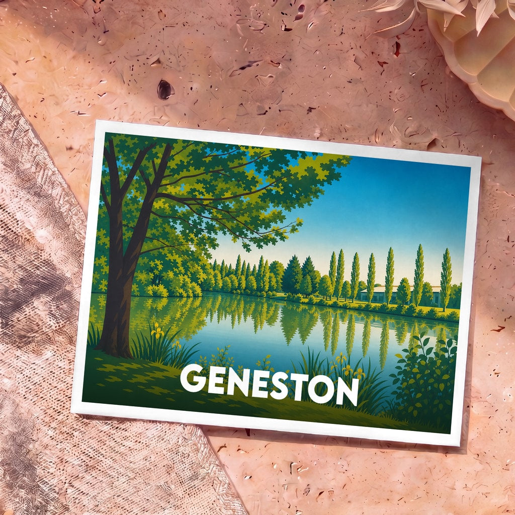 Carte postale souvenir de la ville de Geneston avec une illustration stylisée d'un lac bordé d'arbres.