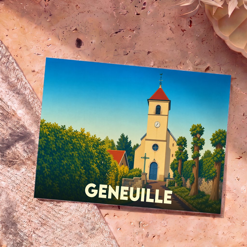 Carte postale souvenir de la ville de Geneuille avec une illustration stylisée de son église.