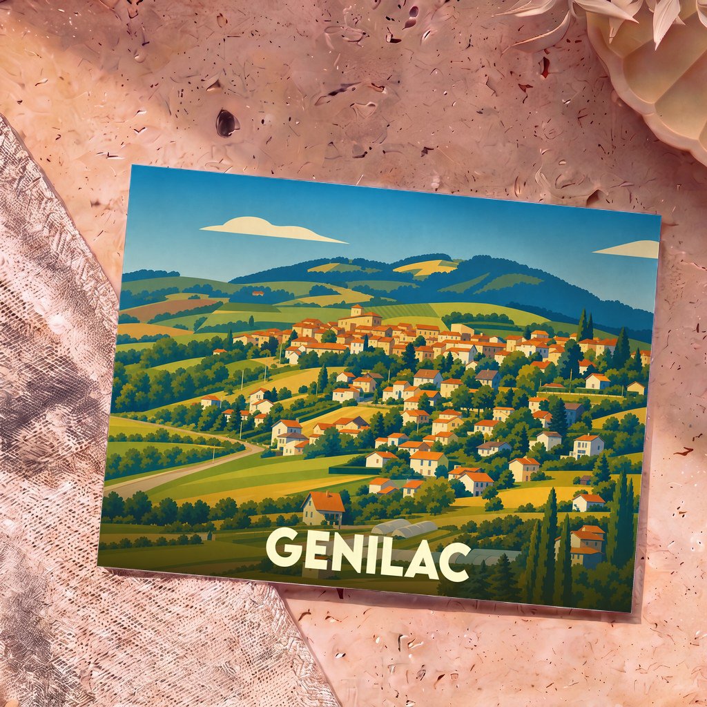 Carte postale souvenir de la ville de Genilac illustrant un village vallonné dans un style graphique coloré.