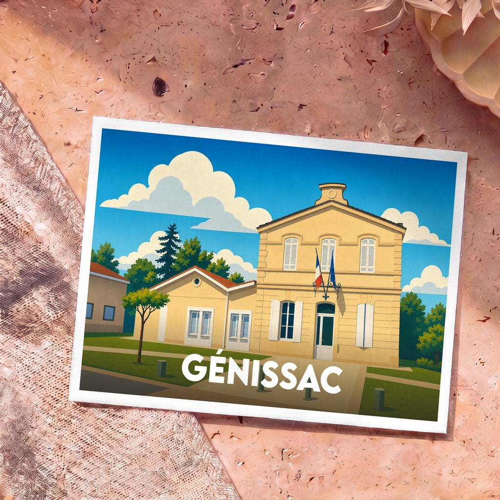 Carte postale souvenir de la ville de Génissac avec une illustration stylisée de sa mairie.