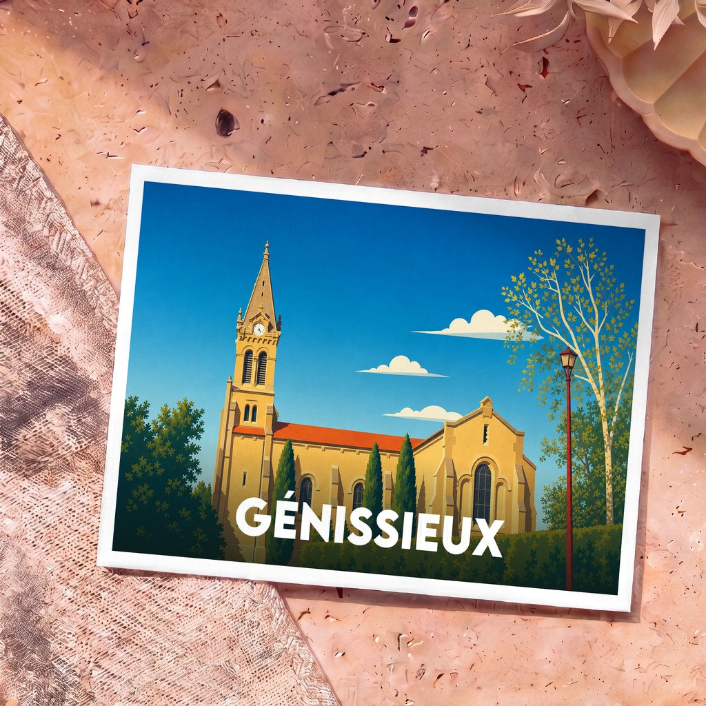 Carte postale souvenir de la ville de Génissieux avec une illustration stylisée de son église.