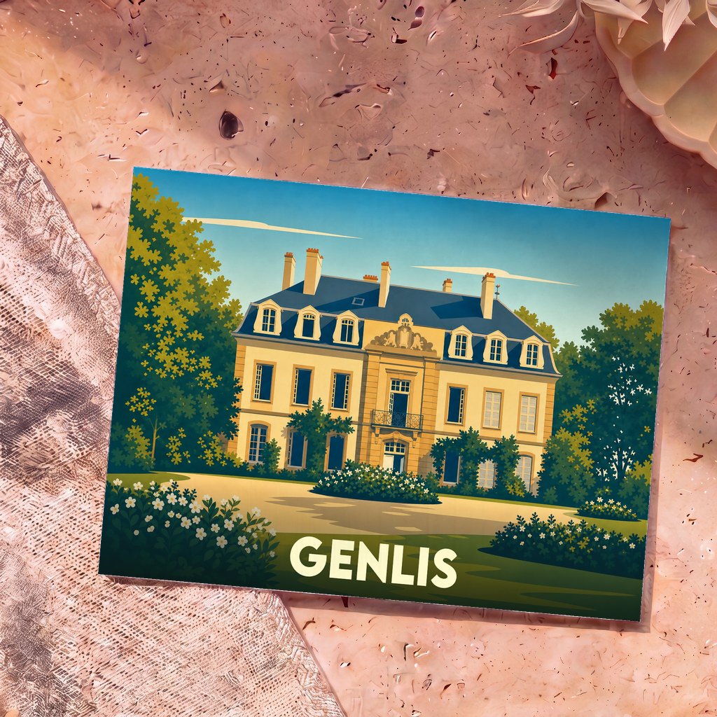 Carte postale souvenir de la ville de Genlis avec une illustration stylisée d'un château entouré de jardins.