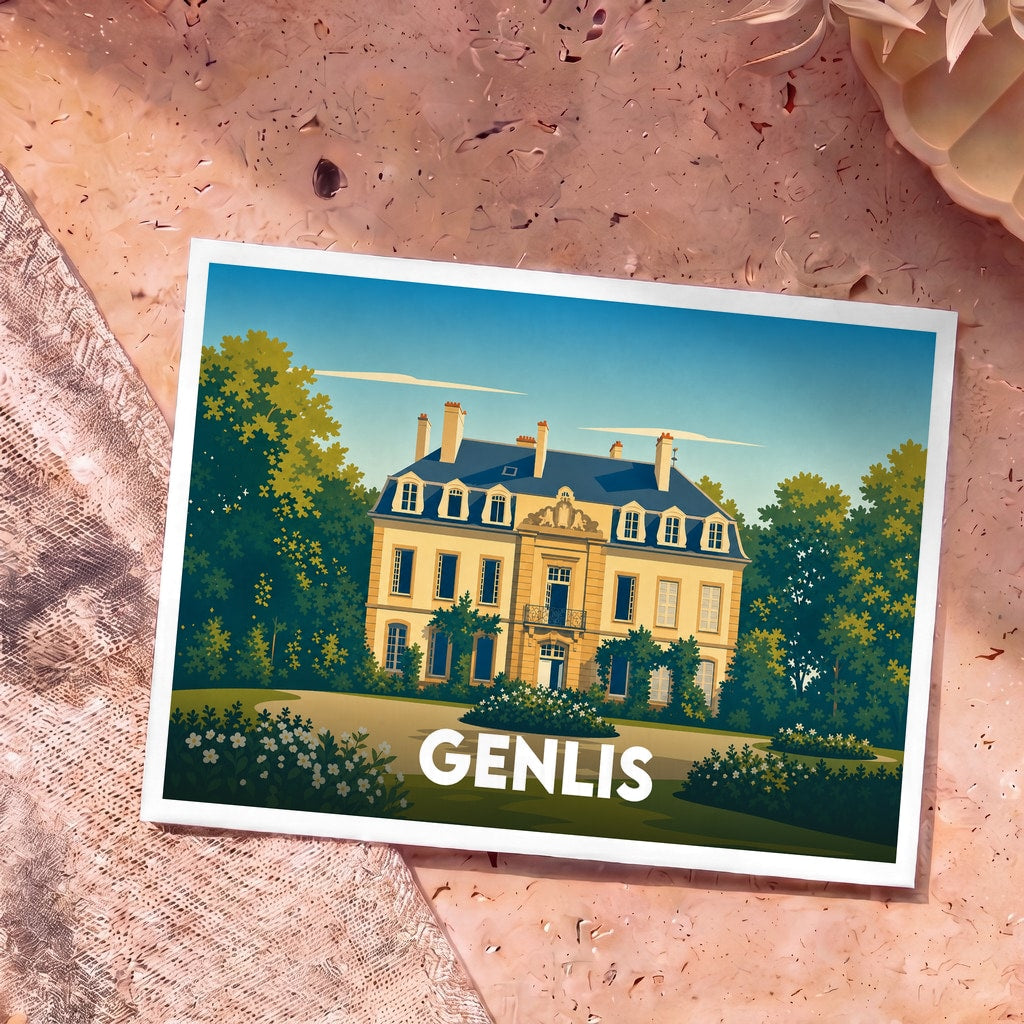 Carte postale souvenir de la ville de Genlis avec une illustration stylisée d'un château entouré de jardins.
