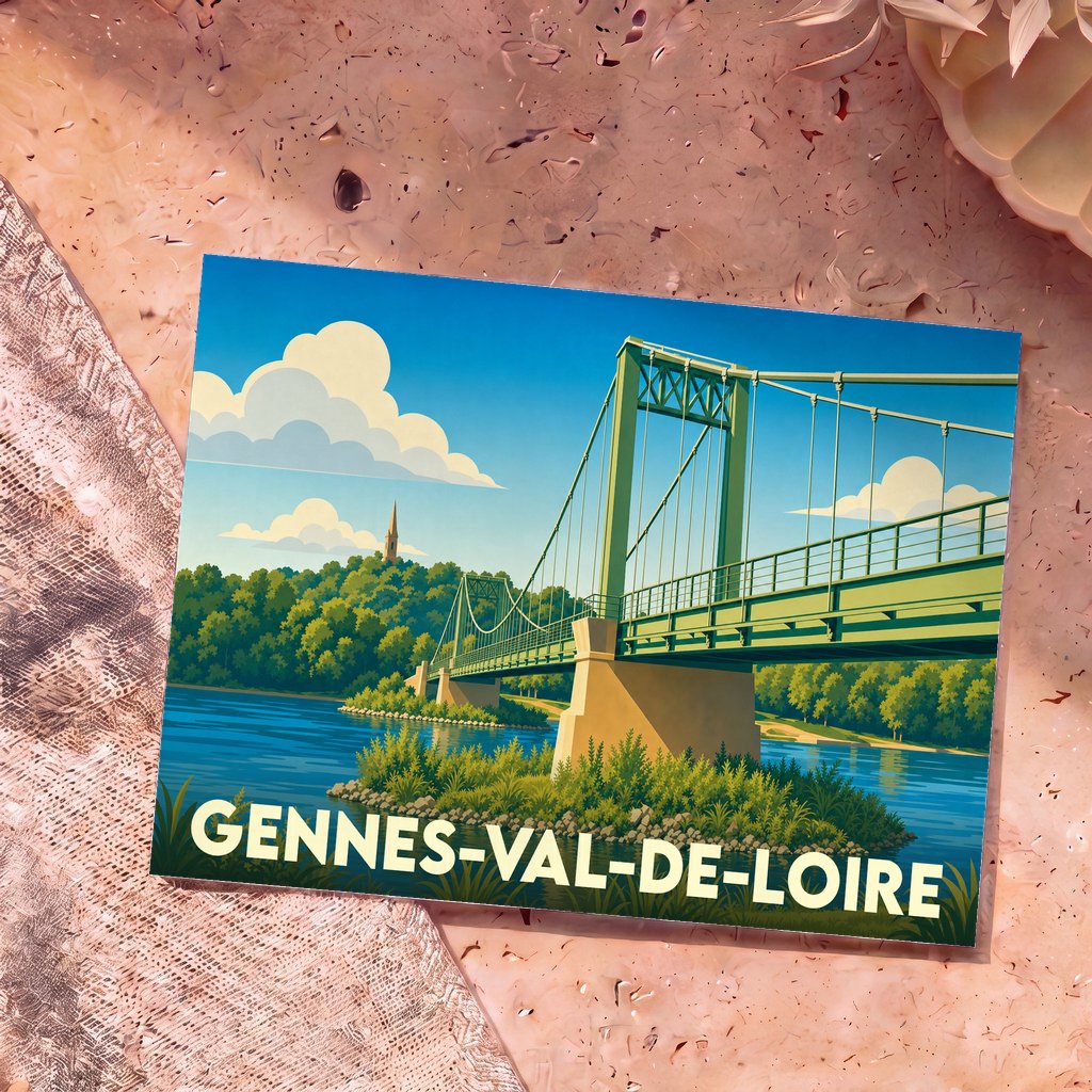 Carte postale souvenir de la ville de Gennes-Val-de-Loire avec une illustration stylisée de son pont suspendu.