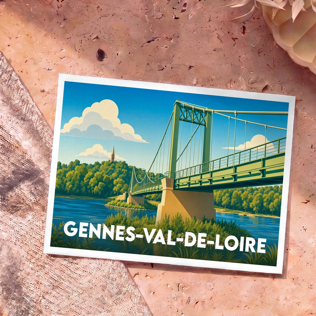 Carte postale souvenir de la ville de Gennes-Val-de-Loire avec une illustration stylisée de son pont suspendu.