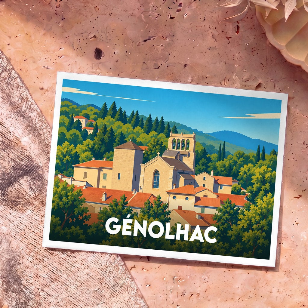 Carte postale souvenir de la ville de Génolhac avec une illustration stylisée de ses bâtiments historiques entourés de verdure.