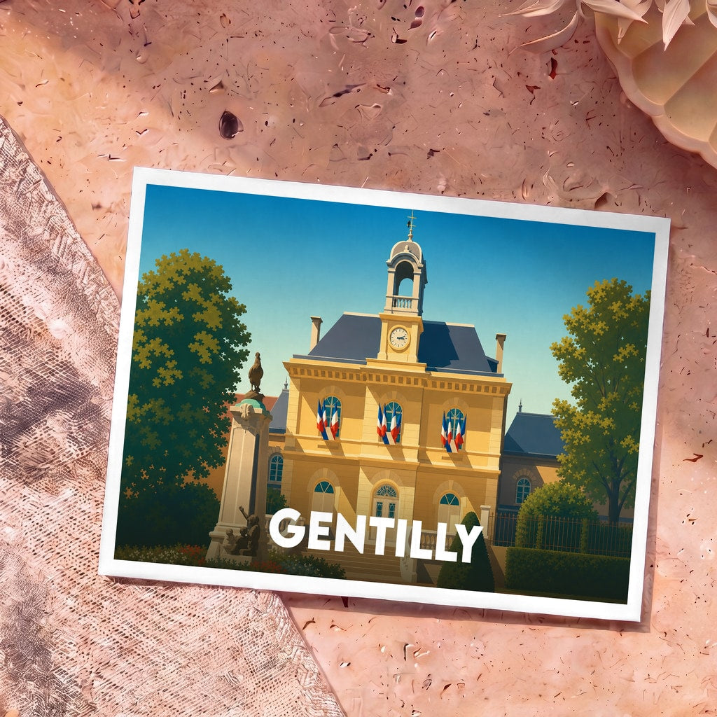 Carte postale souvenir de la ville de Gentilly avec une illustration stylisée de son hôtel de ville.