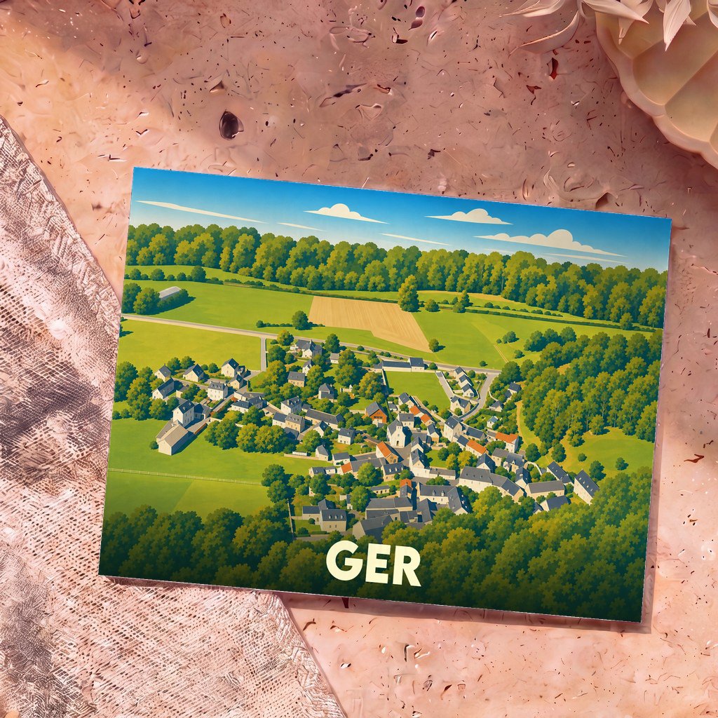 Carte postale souvenir de la ville de Ger présentant une vue aérienne illustrée et verdoyante du village.