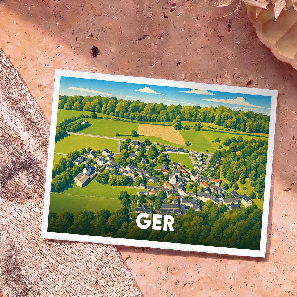 Carte postale souvenir de la ville de Ger présentant une vue aérienne illustrée et verdoyante du village.