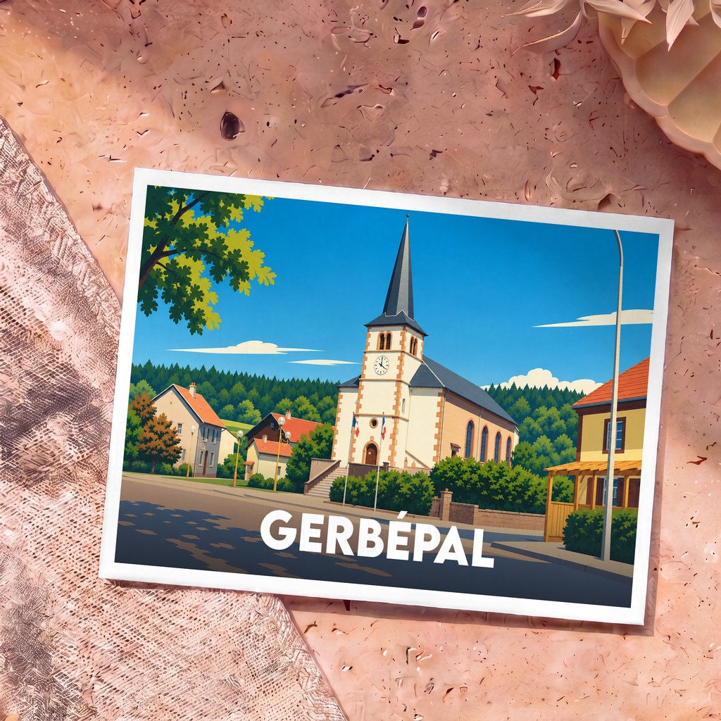Carte postale souvenir de la ville de Gerbépal avec une illustration stylisée de son église.