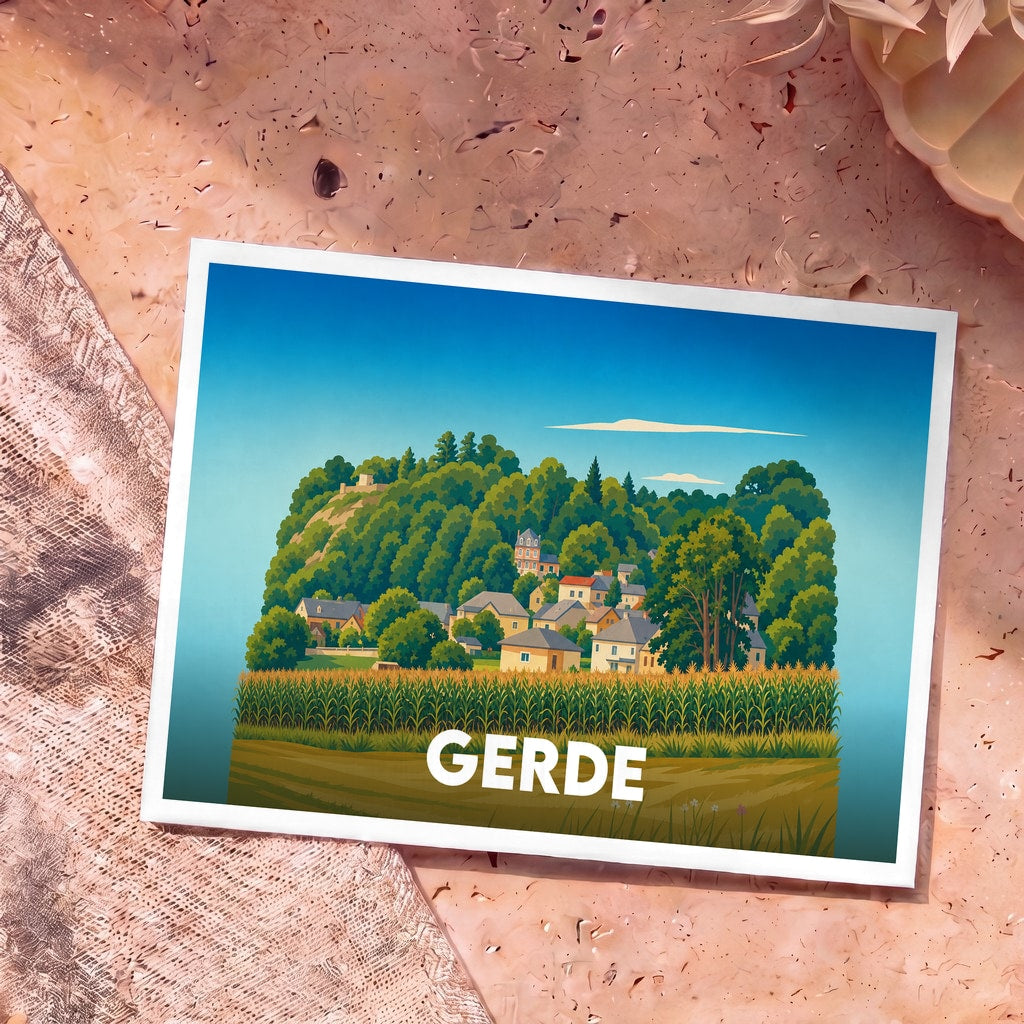 Carte postale souvenir de la ville de Gerde avec une illustration stylisée montrant le village niché au pied d'une colline boisée.