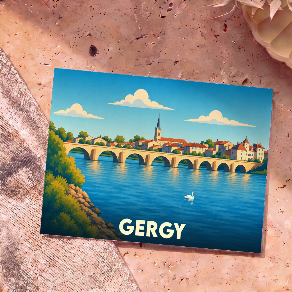 Carte postale souvenir de la ville de Gergy avec une illustration stylisée d'un pont et d'un cygne sur la Saône.