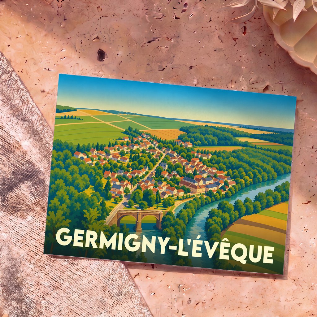 Carte postale souvenir de la ville de Germigny-l'Évêque avec une illustration stylisée d'un paysage de campagne.