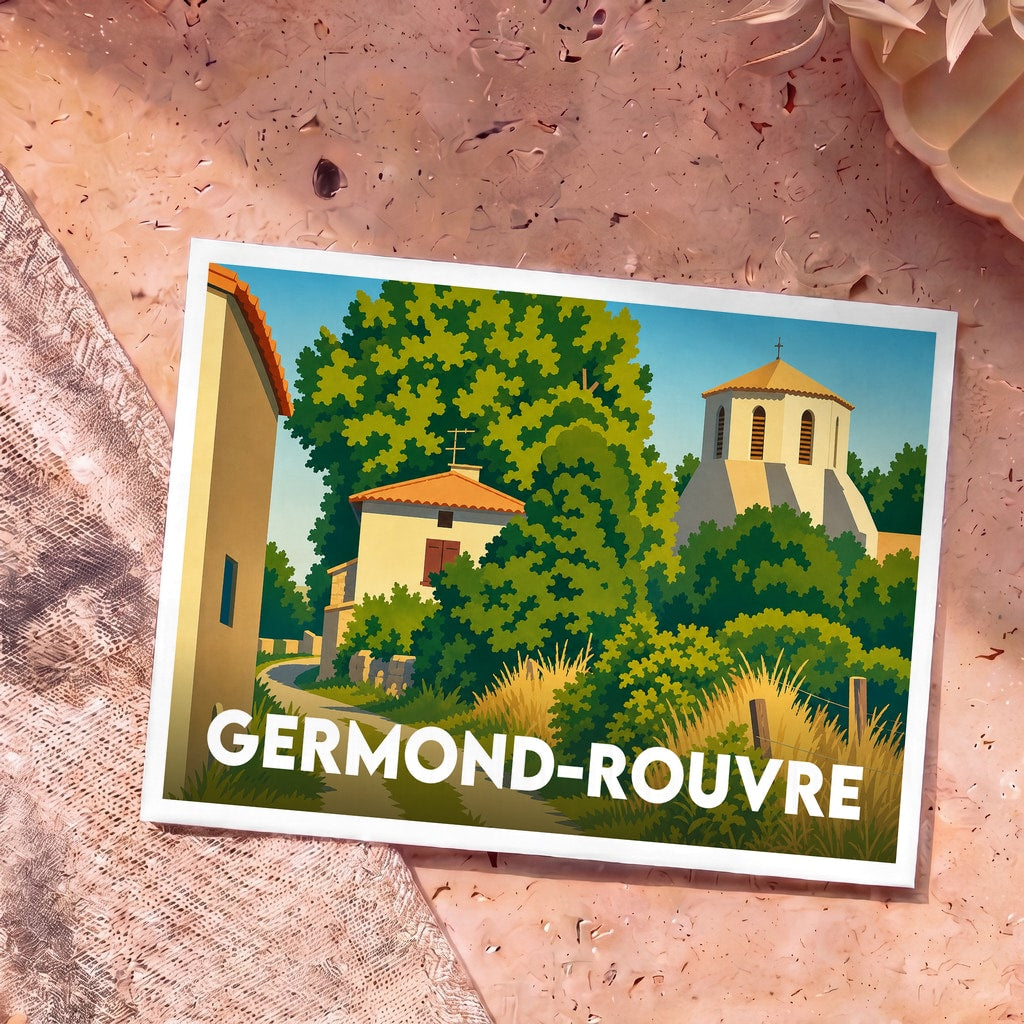 Carte postale souvenir de la ville de Germond-Rouvre avec une illustration stylisée et colorée.