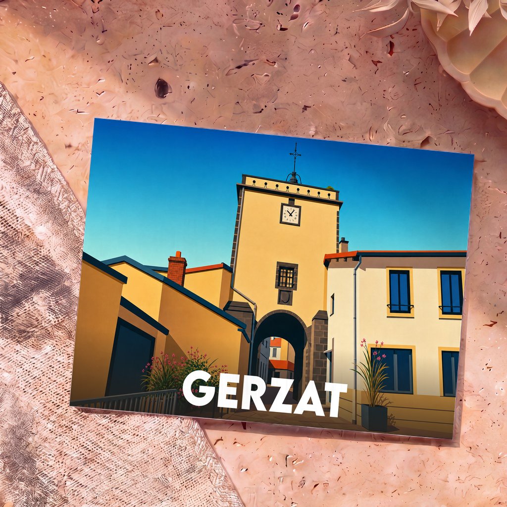 Carte postale souvenir de la ville de Gerzat illustrant une tour de l'horloge stylisée sous un ciel bleu.