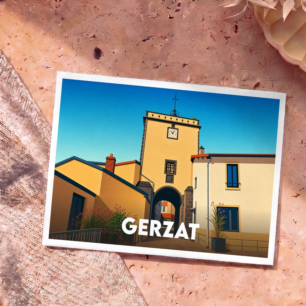Carte postale souvenir de la ville de Gerzat illustrant une tour de l'horloge stylisée sous un ciel bleu.