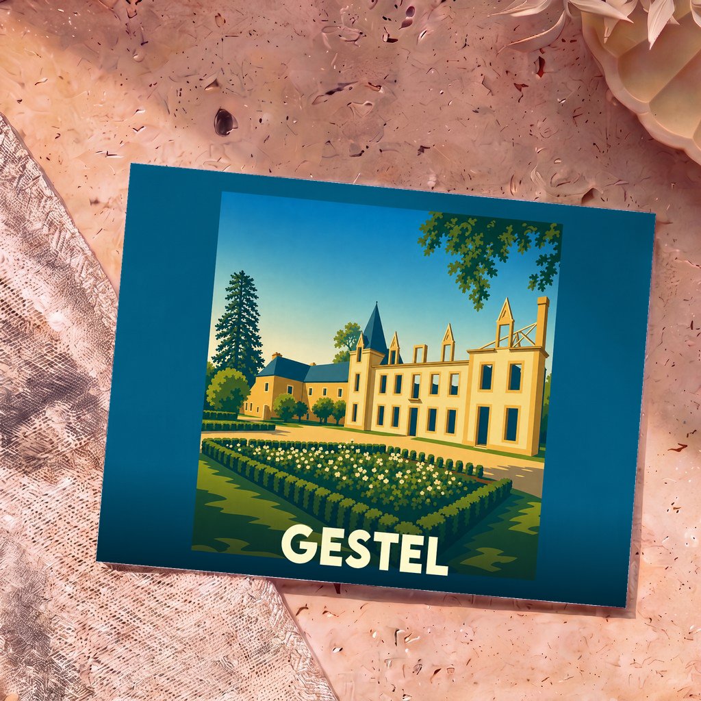 Carte postale souvenir de la ville de Gestel avec une illustration stylisée d'un château et de ses jardins.