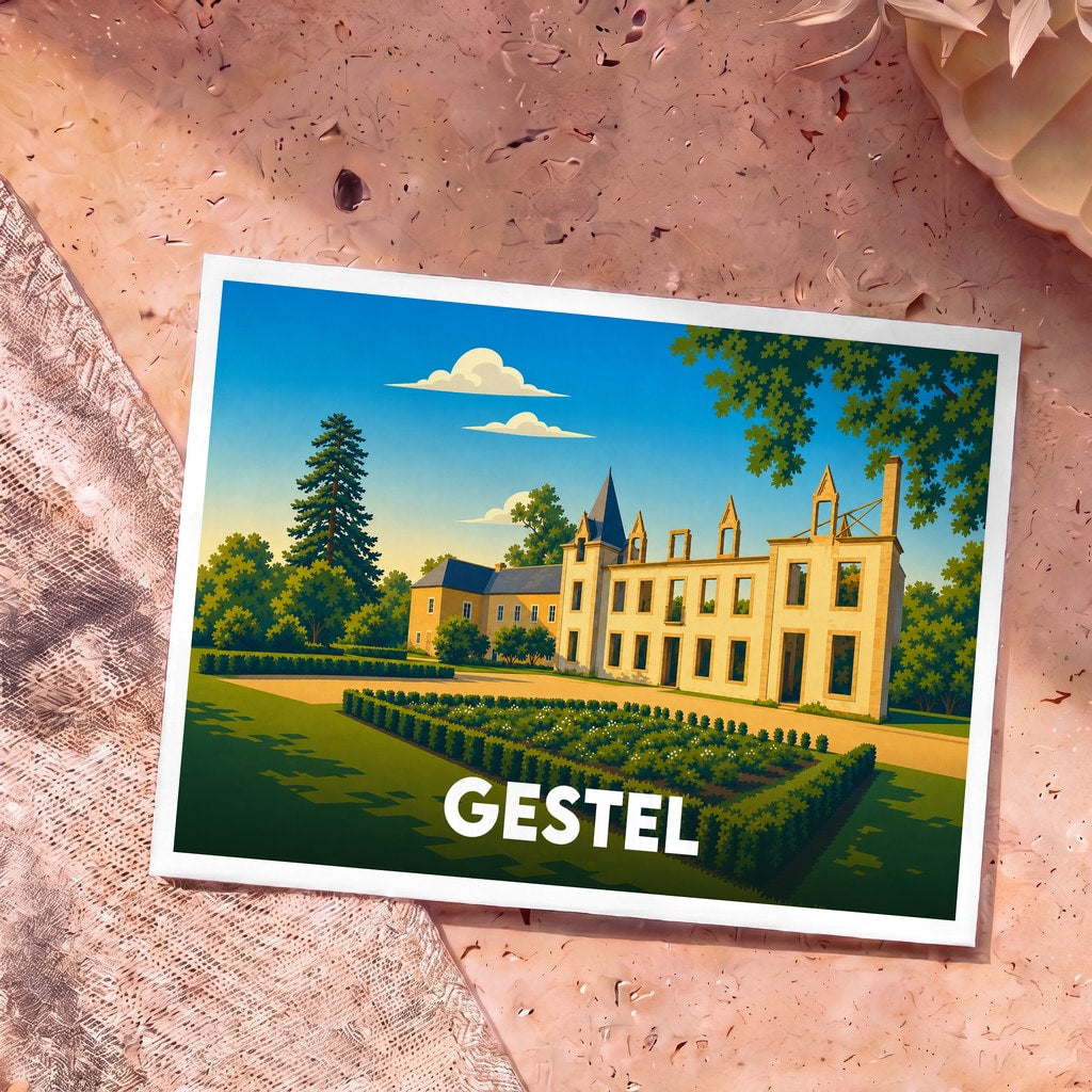 Carte postale souvenir de la ville de Gestel avec une illustration stylisée d'un château et de ses jardins.
