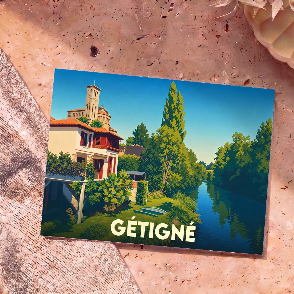 Carte postale souvenir de la ville de Gétigné avec une illustration stylisée des bords de la Sèvre Nantaise.