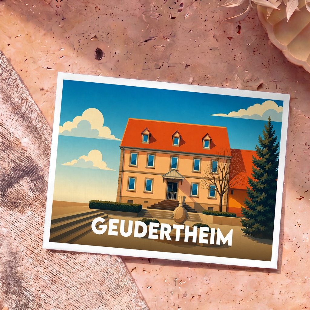 Carte postale souvenir de la ville de Geudertheim avec une illustration stylisée d'une maison à toit rouge devant une fontaine.