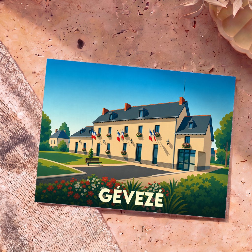 Carte postale souvenir de la ville de Gévezé présentant une illustration stylisée de sa mairie pavoisée.