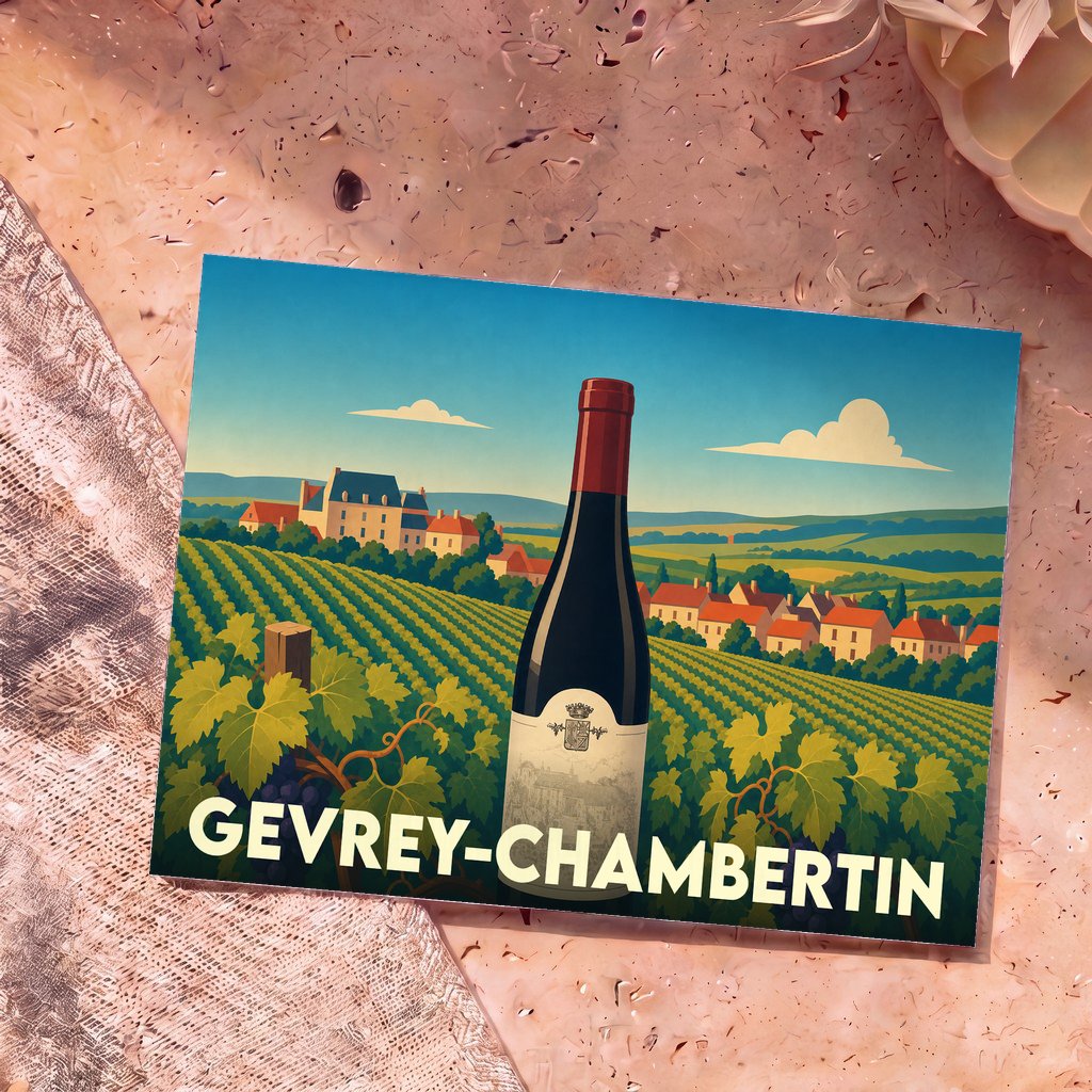 Carte postale souvenir de la ville de Gevrey-Chambertin illustrant une bouteille de vin devant un vignoble.