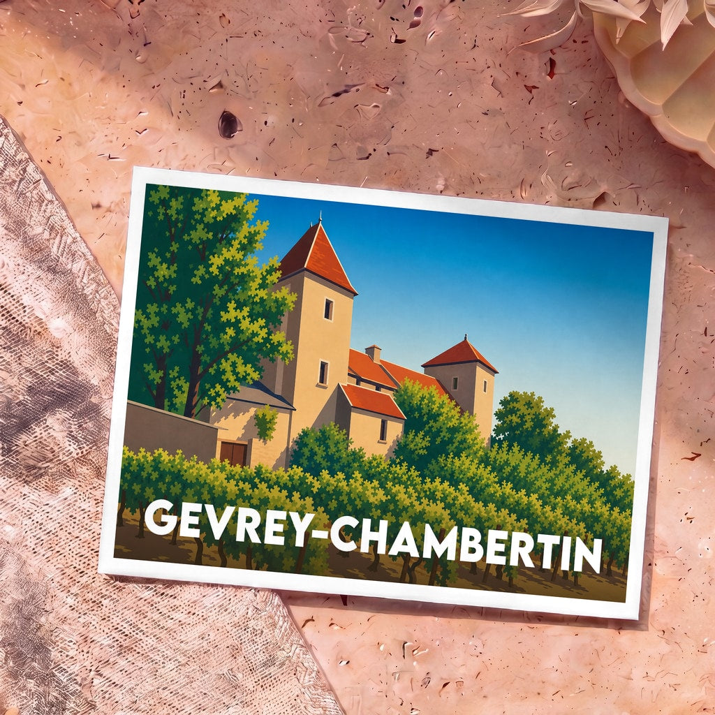 Carte postale souvenir de la ville de Gevrey-Chambertin avec une illustration stylisée de son château et de ses vignobles.