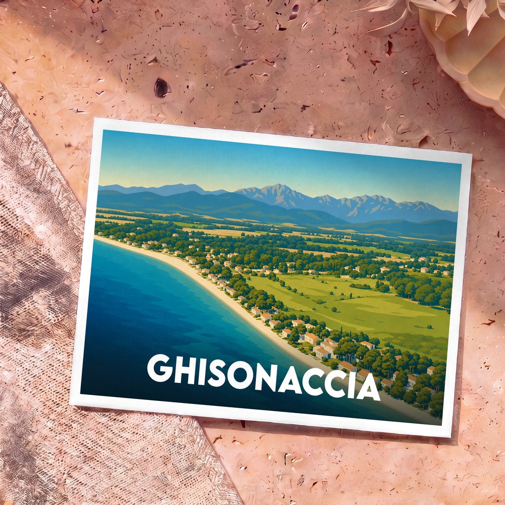 Carte postale souvenir de la ville de Ghisonaccia avec une illustration stylisée de son littoral et des montagnes.