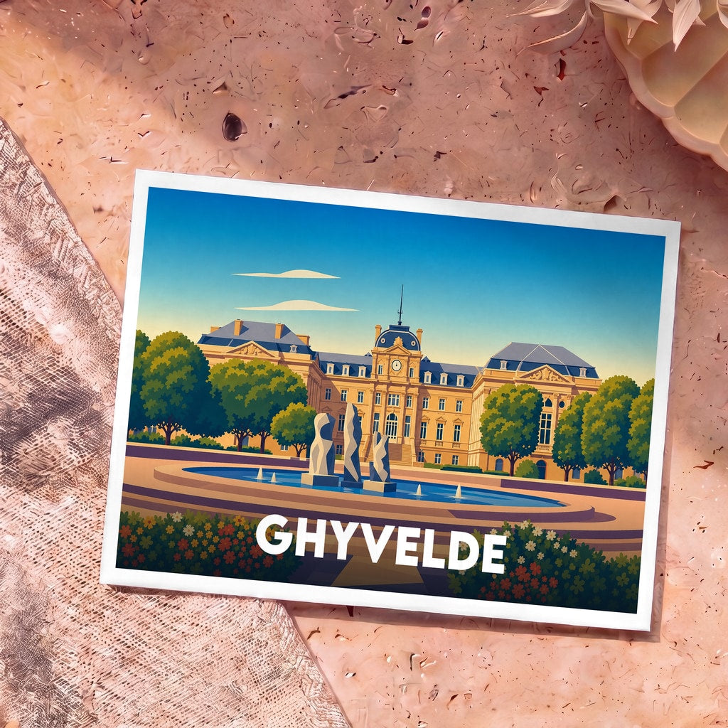 Carte postale souvenir de la ville de Ghyvelde avec une illustration stylisée d'un palais et de sa fontaine.