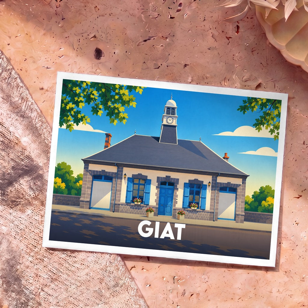 Carte postale souvenir de la ville de Giat avec une illustration stylisée de sa mairie.