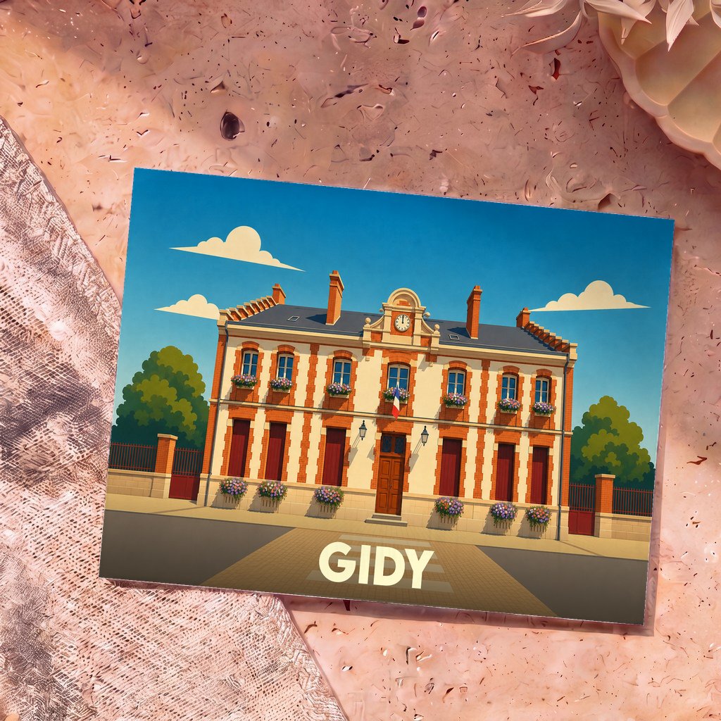 Carte postale souvenir de la ville de Gidy avec une illustration stylisée de sa mairie.
