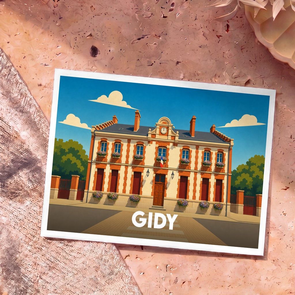 Carte postale souvenir de la ville de Gidy avec une illustration stylisée de sa mairie.