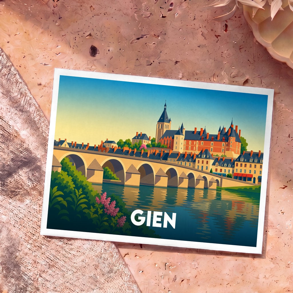 Carte postale souvenir de la ville de Gien avec une illustration stylisée représentant son château et son pont sur la Loire.