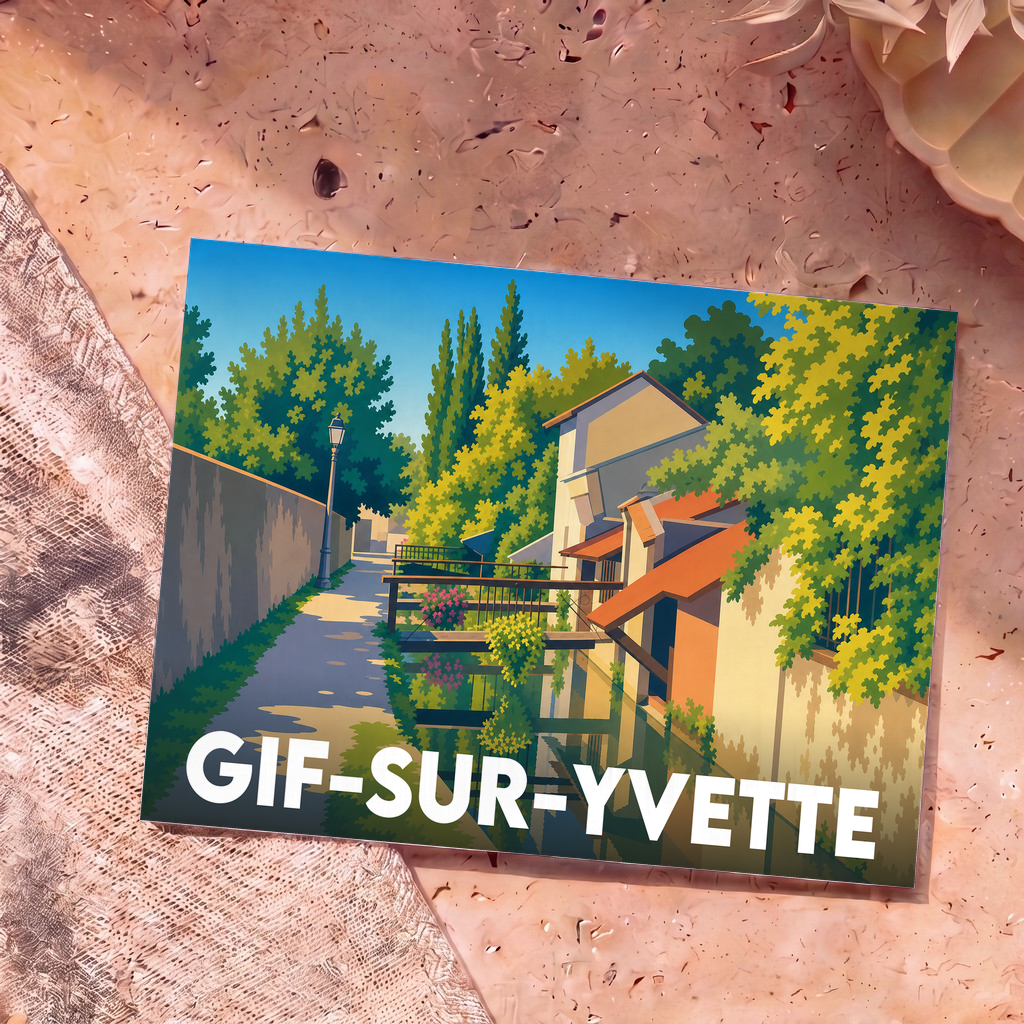 Carte postale souvenir de la ville de Gif-sur-Yvette avec une illustration stylisée et colorée.