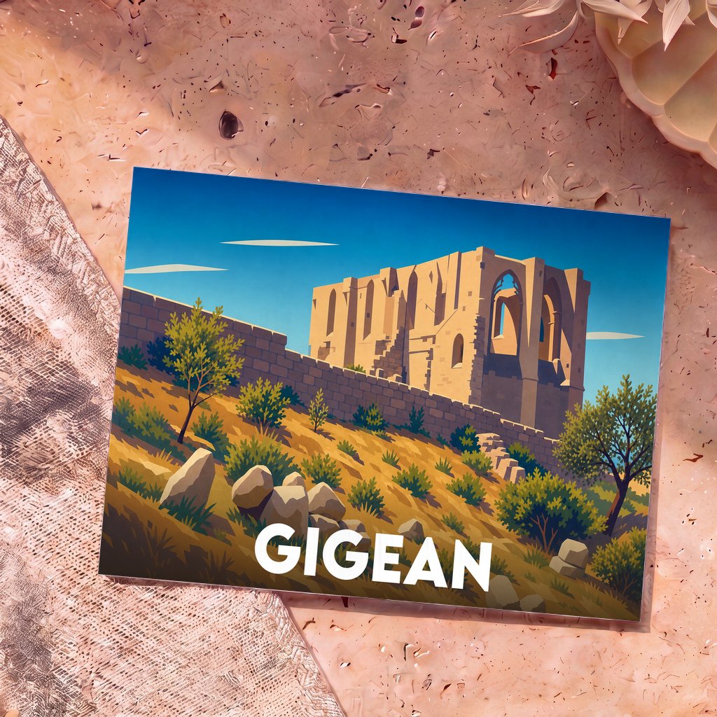 Carte postale souvenir de la ville de Gigean avec une illustration stylisée de l'abbaye Saint-Félix-de-Montceau.