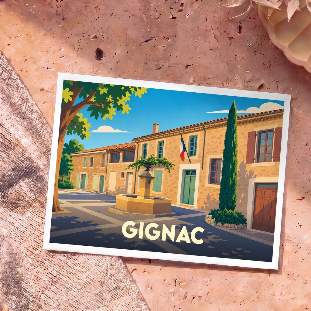 Carte postale souvenir de la ville de Gignac avec une illustration stylisée d'une place ensoleillée.