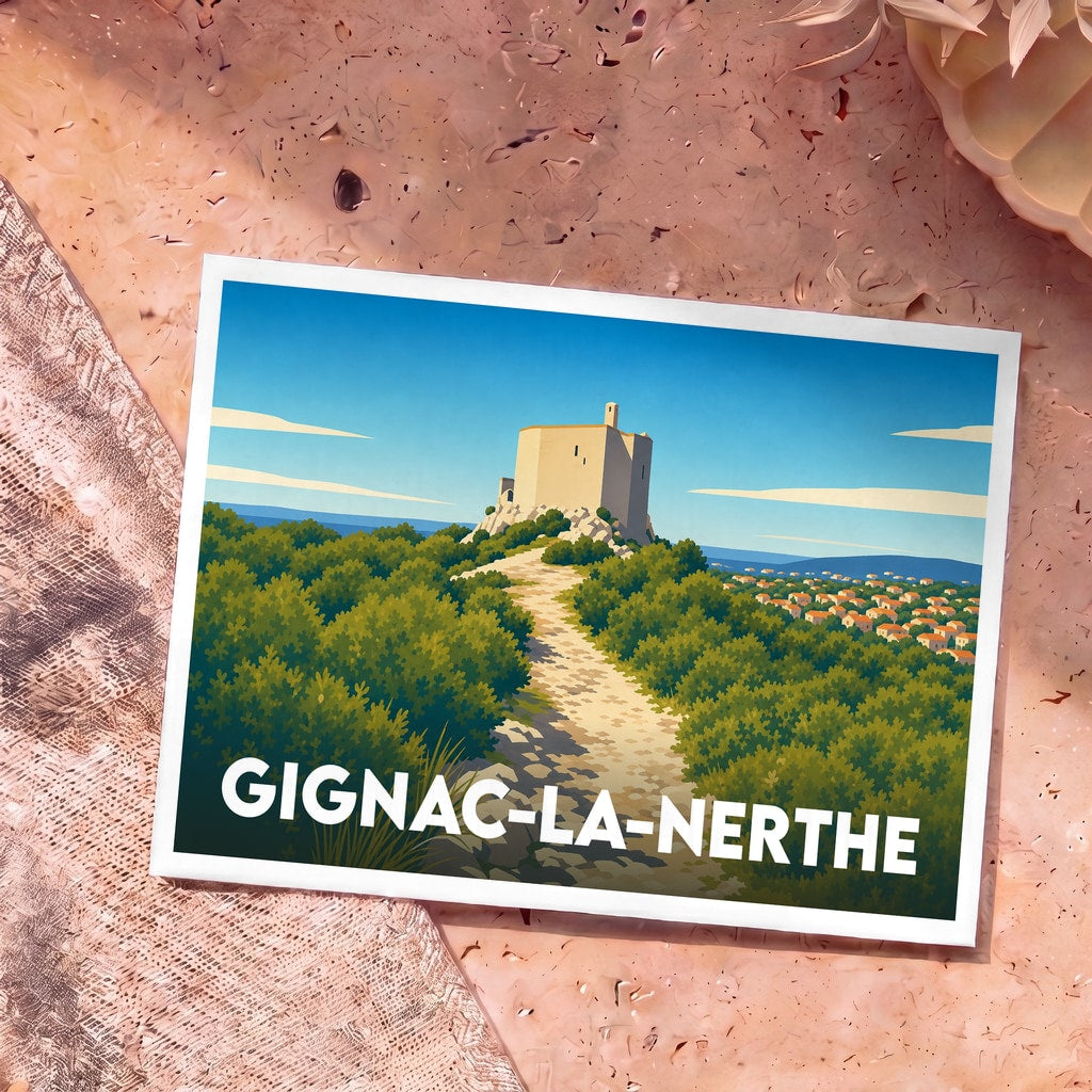 Carte postale souvenir de la ville de Gignac-la-Nerthe avec une illustration stylisée de son patrimoine niché dans la garrigue.
